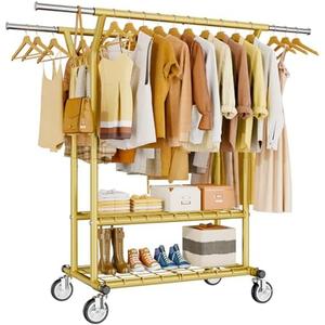 HYSEYY Heavy Duty Clothes Rack, Rolling Clothing Racks With Shelves Load 620 LBS, Double Rod Clothing Racks for Hanging Clothes, Portable& Adjustable Clothes Rack with Wheels Garment Rack,Gold