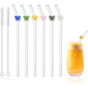 6 Pcs Reusable Glass Straws with 2 Cleaning Brushes, Cute Colorful Bow Glass Straw Shatter Resistant, Bridal Engagement Drinkware Dishwasher Safe for Juices, Smoothies, Milkshakes, Teas