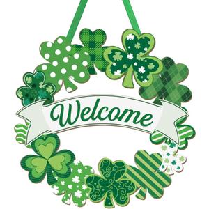 Wooden St. Patrick's Day Decoration Shamrock Door Wreath for Front Door Sign Wall Signs Shamrock Clover Spring Decoration, Irish Sign Welcome Hanging for Home Decor Party Outdoor indoor Supply (Large)