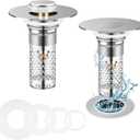 2Pcs Bathroom Sink Drain Strainer&Sink Stopper Hair Catcher, Pop Up Sink Drain Strainer for US Bathroom Sink Stopper Replacement, with Removable Stainless Steel Strainer Basket and 4 Silicone Rings