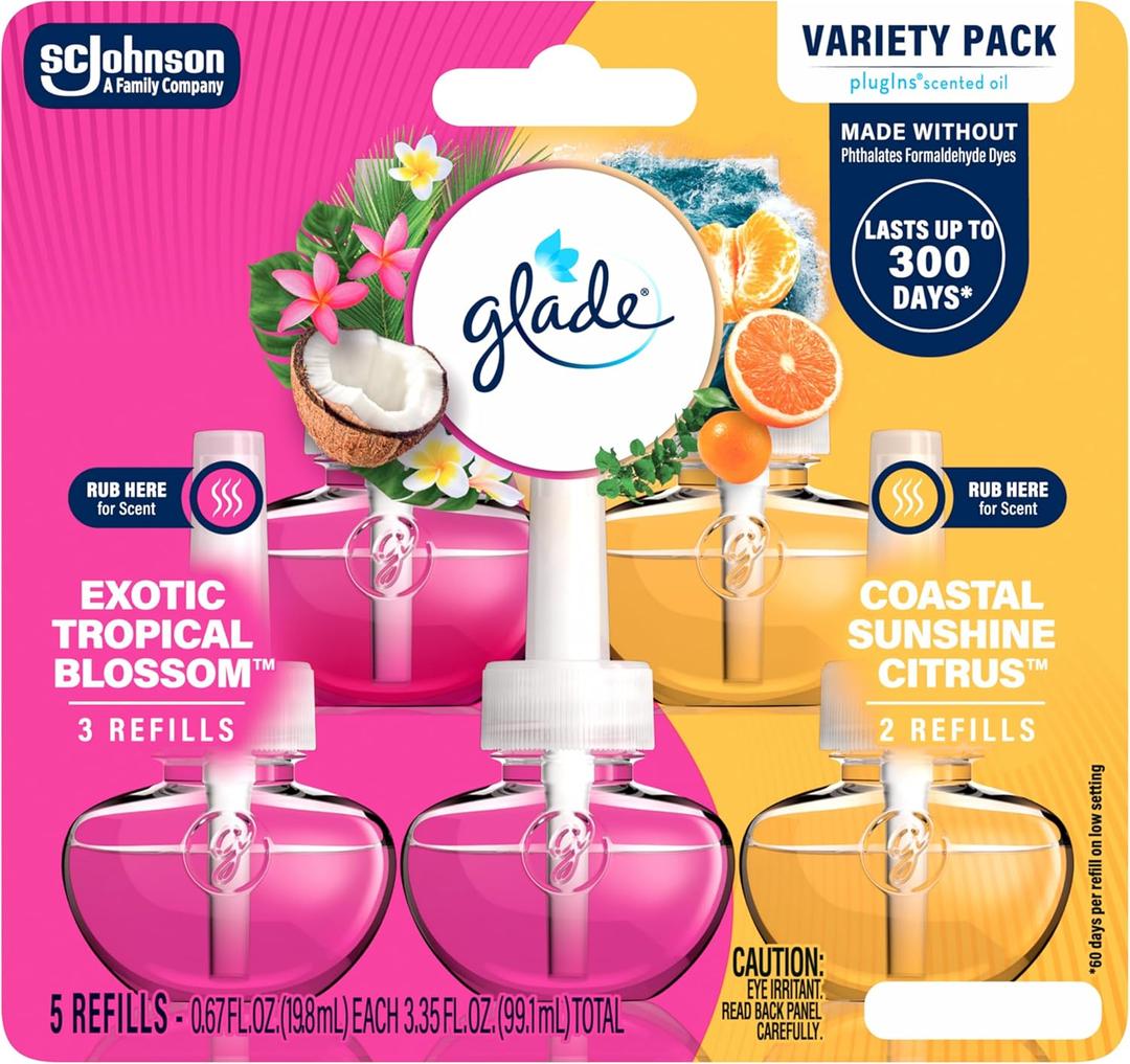 Glade PlugIns Refills Air Freshener, Exotic Tropical Blossoms & Coastal Sunshine Citrus, Scented and Essential Oils for Home and Bathroom, 0.67 Fl Oz, 5 Count