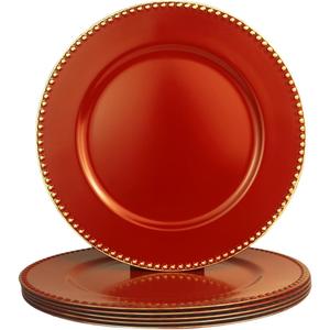 Red Charger Plates with Beaded Rim, 13" Round Charger for Dinner Plates, Set of 6 Plastic Plate Chargers for Wedding, Thanksgivng, Christmas.