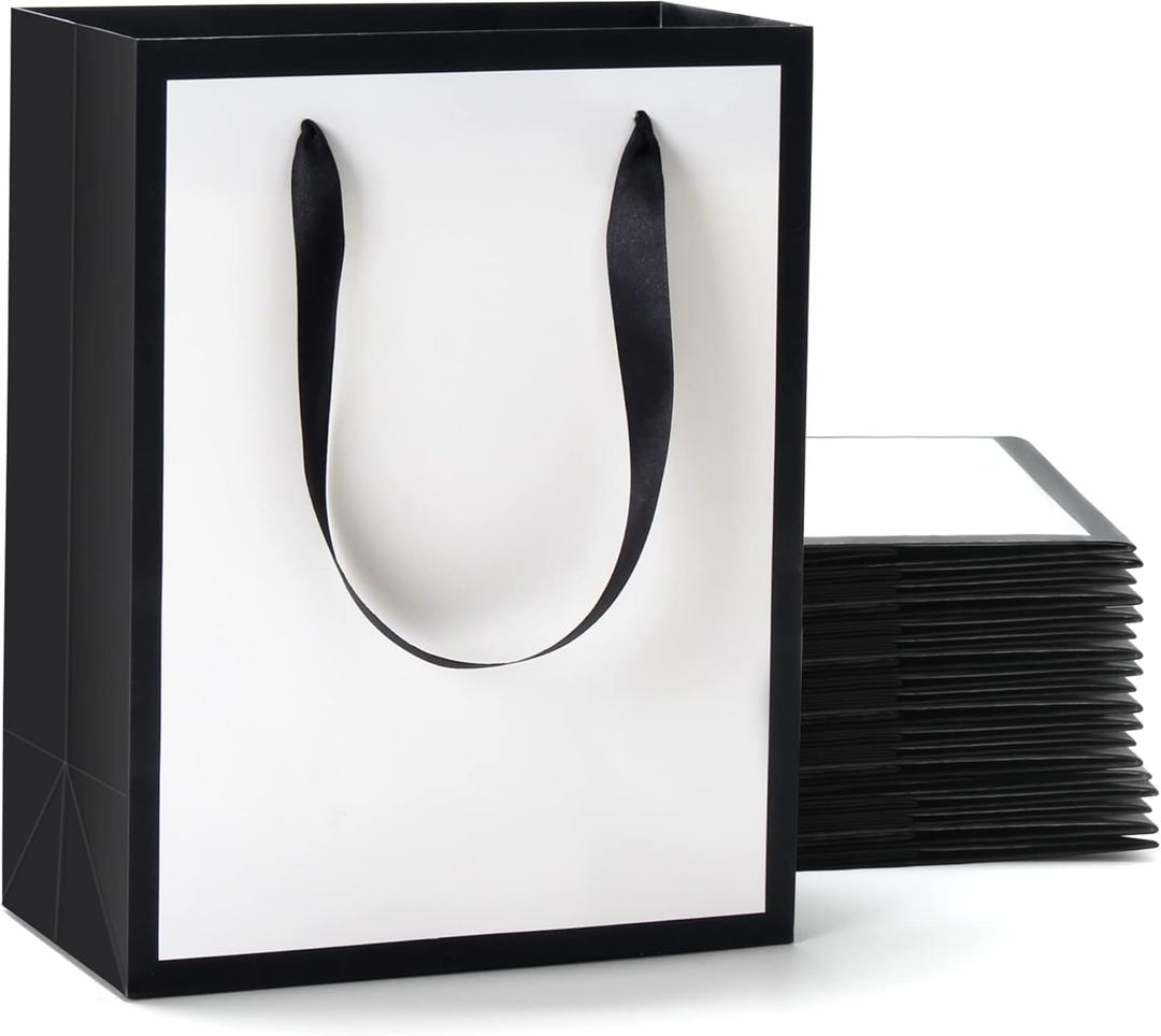 YACEYACE White and Black Gift Bags with Ribbon Handles Bulk, 20Pcs 8"x4.25"x10.5" Medium White and Black Paper Gift Bags for Party,Birthday,Wedding