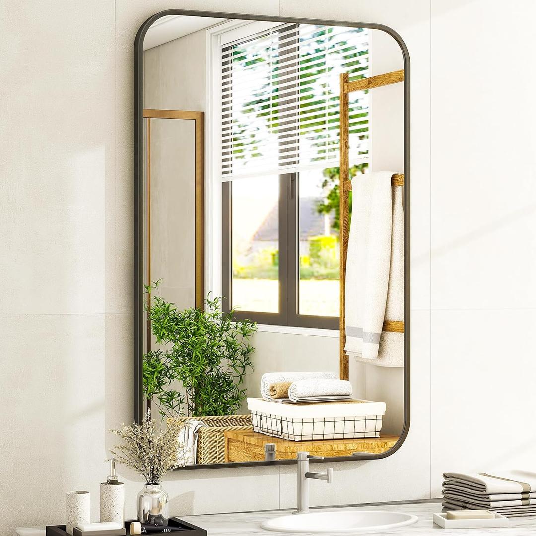 Easly 20 x 28 Inch Bathroom Mirror, Rounded Rectangular Vanity Mirror for Wall, Modern Mirror for Room Decor, Black Framed Wall-Mounted Mirrors for Home Decor, Hangs Horizontally or Vertically