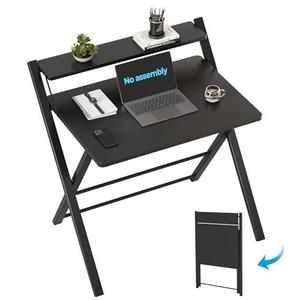 GreenForest No Assembly Folding Desk, 2-Tier Compact Computer Desk with Shelf, Space Saving Foldable Table for Home Office, Dorm or Apartment, Portable Collapsible Sturdy Laptop Desk, Black