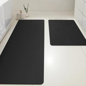 ACCUMTEK Ultra Thin Bath Mat Fit Under Door 2 Piece, Upgrade Backing Non Slip Bath Mat, Quick Dry Ultra Absorbent Bathroom Rugs, Machine Washable Bath Mats for Bathroom, Bathtub & Kitchen, Jet Black