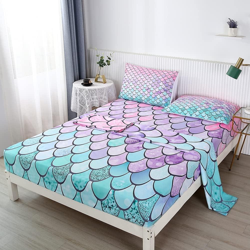 WINLIFE Mermaid Twin Sheets Set for Girls, Pink Aqua Colorful Fish Scales Sheet Set, Deep Pocket Sheets 3-Pieces (1+ Fitted Sheet, 1+ Flat Sheet, 1+ Pillowcase), Mermaid, Twin
