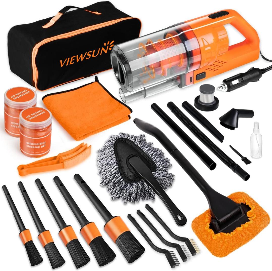 Viewsun Car Cleaning Kit, Orange 17pcs Car Interior Detailing Kit with High Power Handheld Vacuum, Detailing Brush Set, Windshield Cleaner, Cleaning Gel, Complete Auto Accessories for Women Men Teens