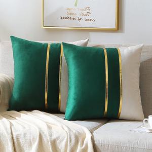 WACOMECO Velvet Throw Pillow Covers - Pack of 2 Soft Decorative Cushion Covers Cases with Gold Leather for Sofa Bedroom Livingroom Car, 16 x 16 in, Dark Green and White