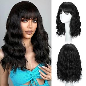 Black Wig with Bangs for Women Synthetic 16 inch Medium Length Wavy Hair Natural Hair for Daily Party Use793-16C-1B