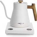 POLIVIAR Electric Gooseneck Kettle, 1200W Electric Tea Kettle Real Wood Handle, 34oz Pour Over Electric Kettle for Coffee & Tea, 18/8 Stainless Steel Inner, Temperature Control & Rapid Heating (White)
