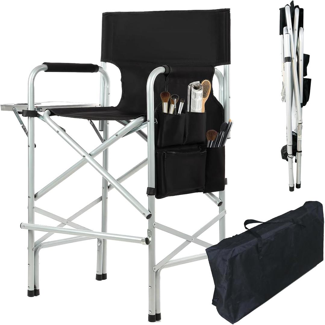 Makeup Chair for Makeup Artist 45.6'', Tall Directors Chairs Foldable for Clients with Side Table Cup Holder Storage Bag and Footrest, Folding Chair 400lbs Capacity Black