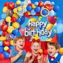 Cartoon Birthday Party Decorations Set - Red Yellow Blue Balloons Arch with Background for Boys Girls Kids