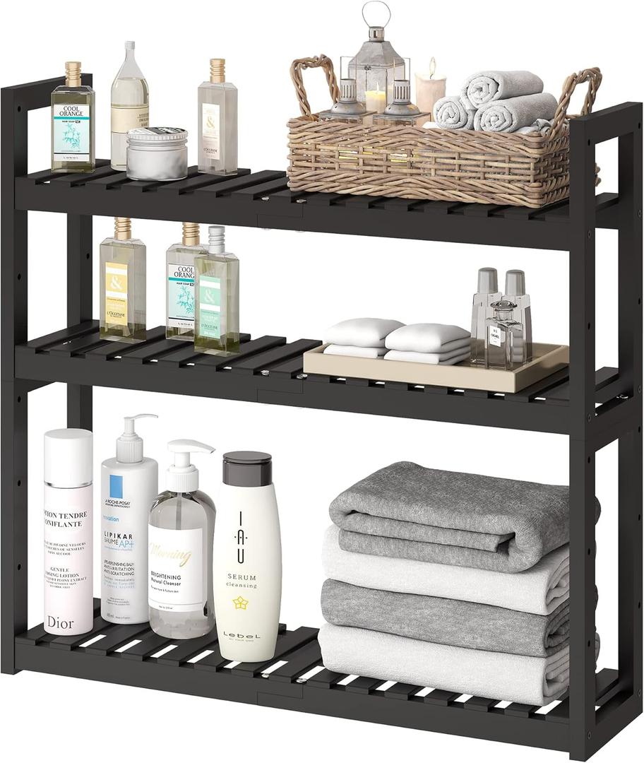 FILWH Bathroom Shelf Bamboo Organizer Rack Adjustable 3-Tier Storage Shelf Wall Mounted Storage Rack Over The Toilet Utility Shelves Living Room Kitchen Shelf (Black)