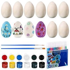 Gerrii 12 Set Unfinished Wooden Easter Eggs 2.17 x 1.38 Inches Unpainted Wooden Craft Eggs for Painting Colorful Acrylic Marker with Acrylic Paint for Easter DIY Crafts Decoration