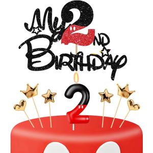 2nd Birthday Cake Decorations, Two Years Old Birthday Numeral 2 Cake Candles and Glitter Cartoon Black Red Cake Toppers Set for Birthday Party Supplies (Number 2, Red)
