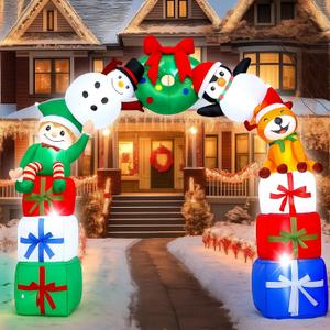 Leyndo 8FT Christmas Inflatable Arch Archway Outdoor Decoration with LED Lights Inflatable Elk Penguin Snowman Sitting on Gift Boxes Christmas Arch Blow up Yard Decor for Xmas Lawn Yard Garden Outside