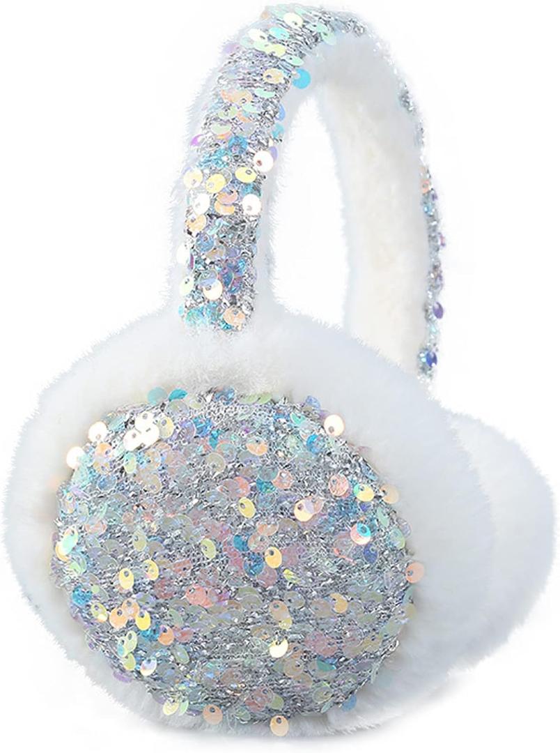 ACTLATI Girl Winter Earmuffs Sequin Shiny Outdoor Ear Warmers Fluffy Muffs Cute Faux Fur Earmuff for Kids Adult Women (Unfoldable-sequin White)