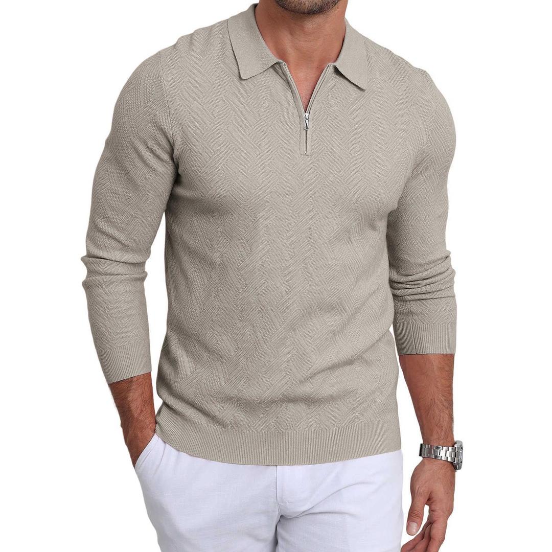 Lexiart Mens Knit Polo Long Sleeve Textured Collared Quarter Zip Sweater Slim Fit Casual Pullover Khaki (Brown, XL)