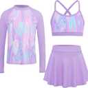 Girls Swimsuit Long Sleeve Swim Shirt 3 Piece Rash Guard for Girls Bathing Suit with Boyshorts (13-14 Years, Light Purple)