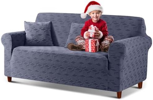 TAOCOCO Loveseat Sofa Cover, 1Piece Couch Cover for 2 Cushion Sofa Washable Loveseat Slipcover with 2PCS Throw Pillow Covers, Jacquard Furniture Protector for Pets Dog(2 Seater,Grey)