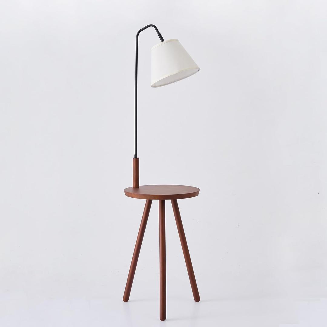 Fiqevs Wood Tripod Floor Lamp with Shelf & LED Bulbs, Mid-Century Modern Standing Lamp with Wooden Shelf & Linen Shade for Living Room, Bedroom, Office