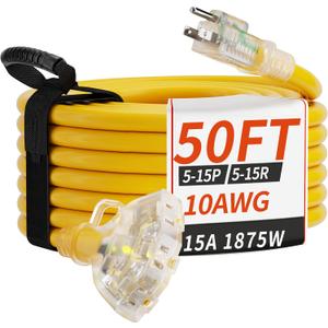 PlugSaf 50 FT 10 Gauge Outdoor Extension Cord with Multiple Outlets Yellow