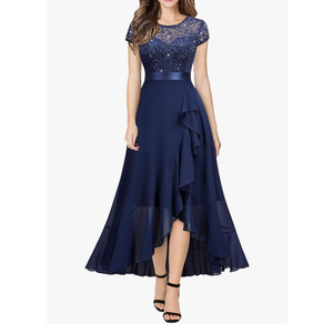 Women's Retro Lace Contrast Chiffon Ruffle Evening Maxi Dress, L