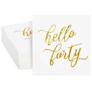 BLUE PANDA 40th Birthday Napkins - 50-Pack, 5 x 5 In Folded, White with Gold Foil Hello Forty Script - 3-Ply Absorbent Disposable Cocktail Napkins for Women & Men