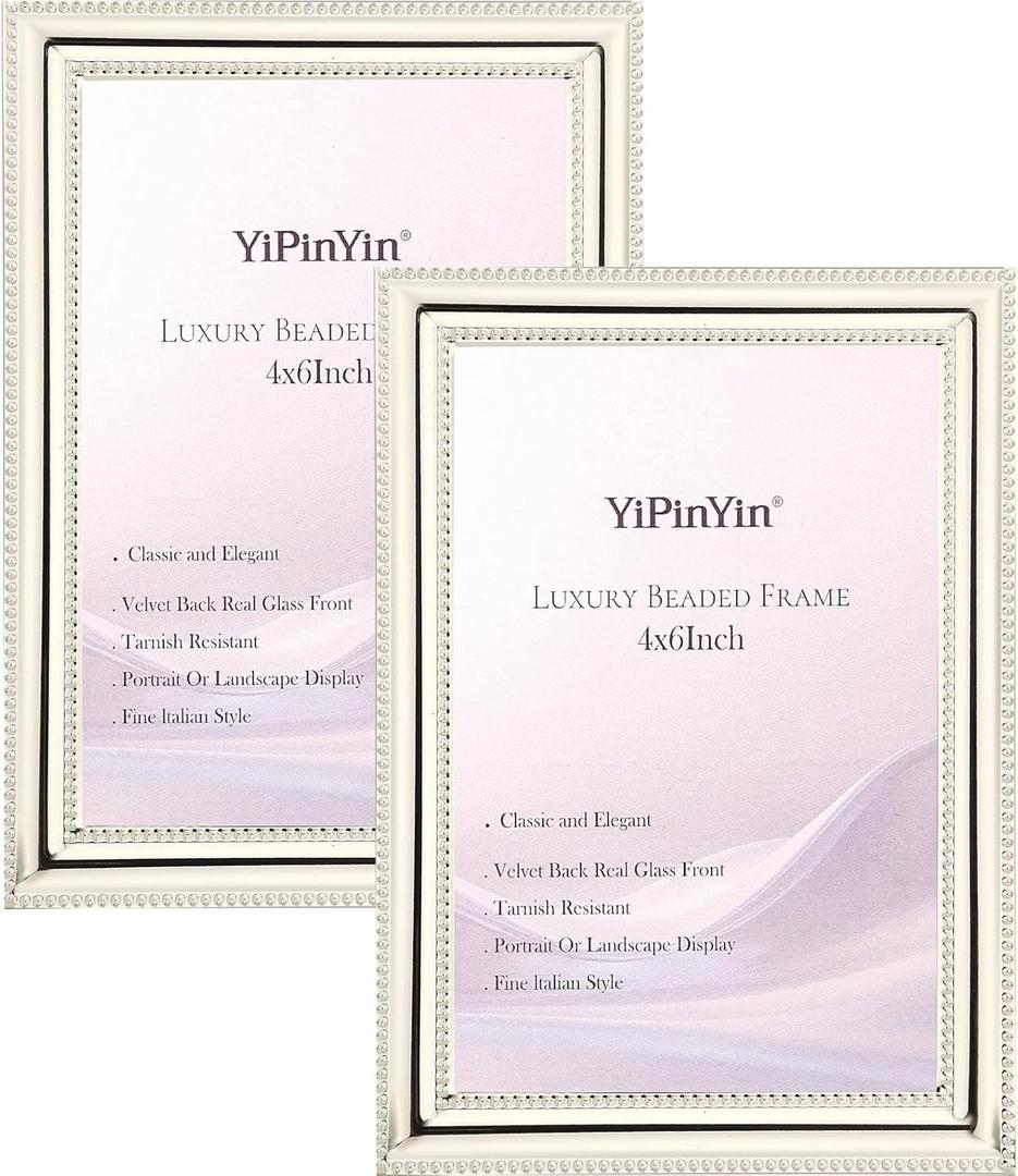 Classy Silver Plated 4x6''Photo Frame 2 pack, Classic Beaded picture frame 6x4'',Real glass front and Velvet Backing,Perfect Gifts and Treasured Memories