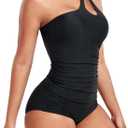 Women's Two Piece Tankini Swimsuits One Shoulder Tummy Control Keyhole Bathing Suits Swim Top with Bottom (Black, L)