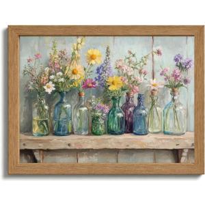 Wood Framed Farmhouse Plants Flowers Wall Art Wildflowers Colorful Glass Bottles Wall Decor Rustic Wildflower Poster Print Artwork for Bathroom Living Room Bedroom Study Room Home Decoration, 24"L x 16"W
