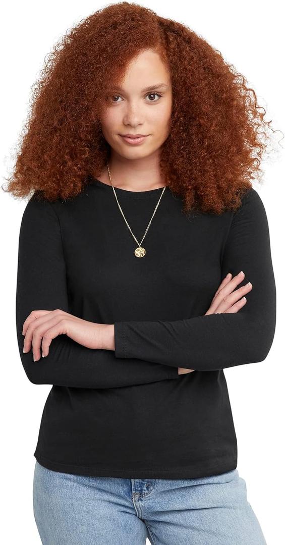 Hanes Womens Originals Long Sleeve Cotton T-Shirt, Lightweight Crewneck Tee, Modern Fit (X-Large, Ebony)