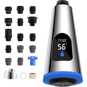 LED Faucet Head Replacement 4 Function Universal Temperature Display Pull Down Kitchen Faucet Head with 15 Adapters Compatible with American Standard/Kohler/Moen/Delta, Sink Sprayer Head, Chrome