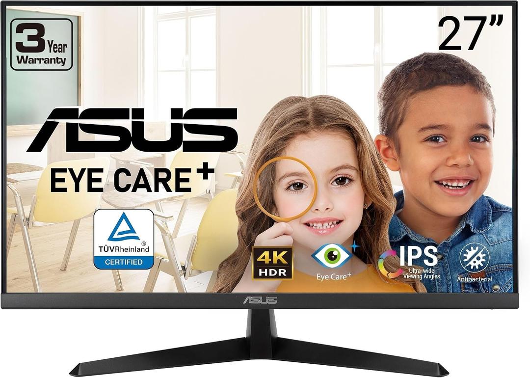 ASUS 27 4K Eye Care Monitor (VY27UQ) - UHD (3840 x 2160), IPS, HDR10, Adaptive Sync, Eye Care Plus, Display Port, HDMI, Speaker, DisplayWidget, Blue Light Filter, Flicker Free