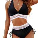 Blooming Jelly Women High Waisted Bikini Sets Tummy Control Swimsuits Color Block Two Piece Drawstring Bathing Suit M