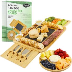 Charcuterie Board Gift Set, Expandable Bamboo Cheese Board with Stainless Steel Serving Utensils, Ceramic Bowls, Appetizer and Serving Trays, Utensil Trays - Housewarming 2 Drawers