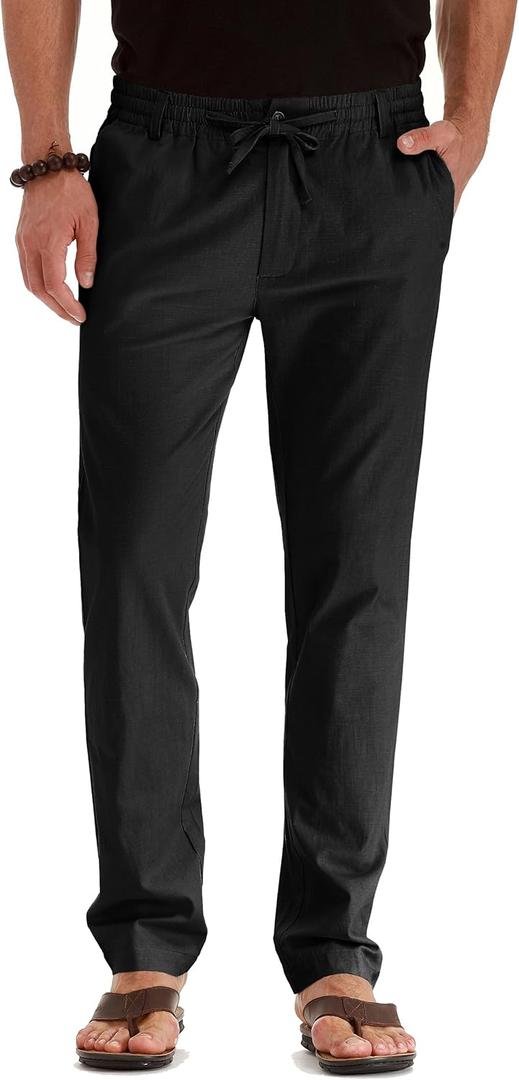 Sailwind Men's Drawstring Linen Pants Casual Summer Beach Loose Trousers (28, A05 Black)