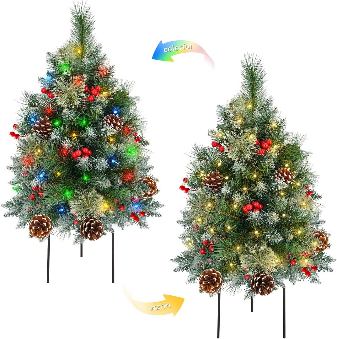 2 Pack Pre-lit Christmas Tree, Battery Operated with Timer, Multi-Color & Warm White Changing LED Lights, 27 inch Artificial Christmas Tree for Outdoor Porch, Urn Filler, Home Xmas Decorations
