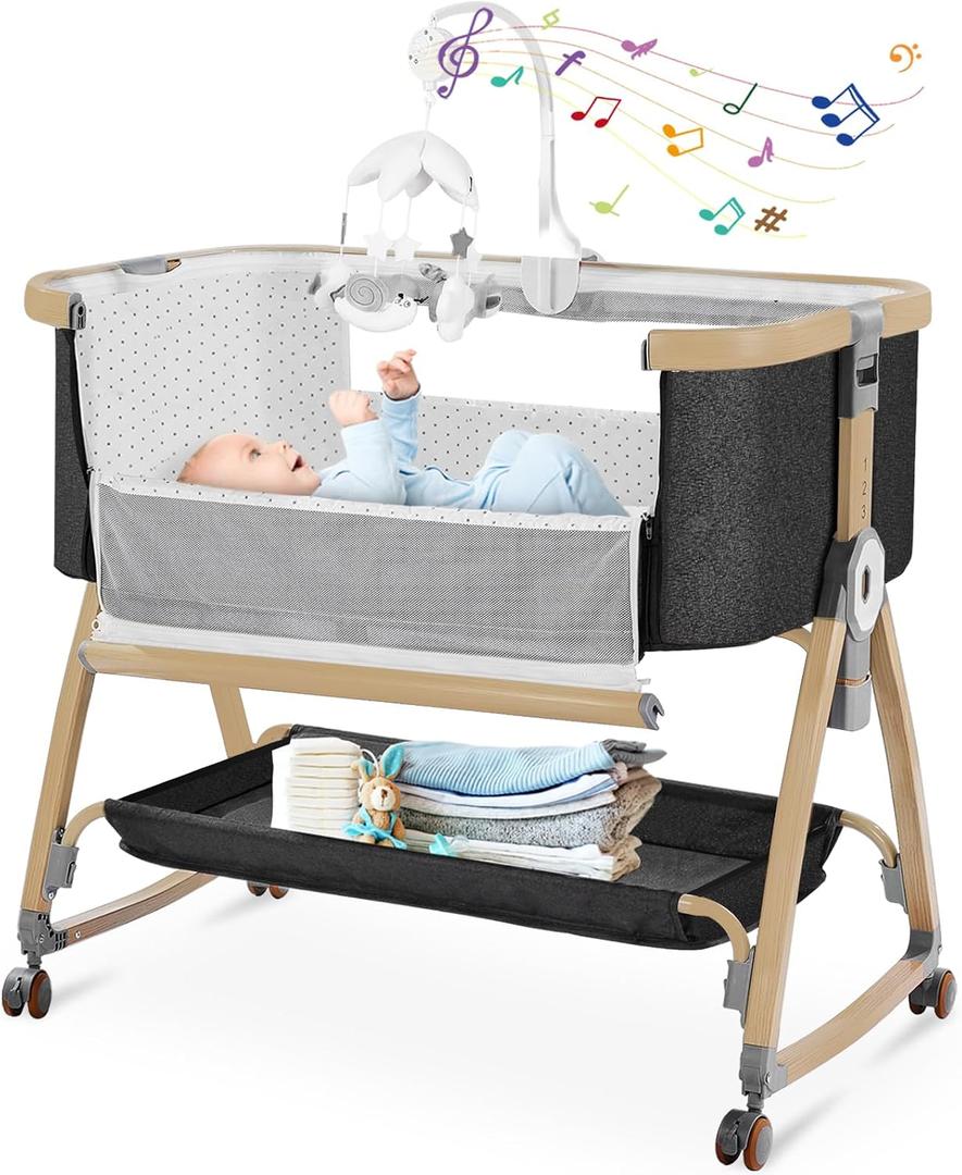 Bedside Bassinet,Bassinet Bedside Sleeper,Rocking Bassinet,3 in 1 Portable Bedside Crib with Mattress,Mobile,Mosquito Net,Storage Basket,6-Height Adjustable Bassinet with Wheels for Newborn,Deep Grey