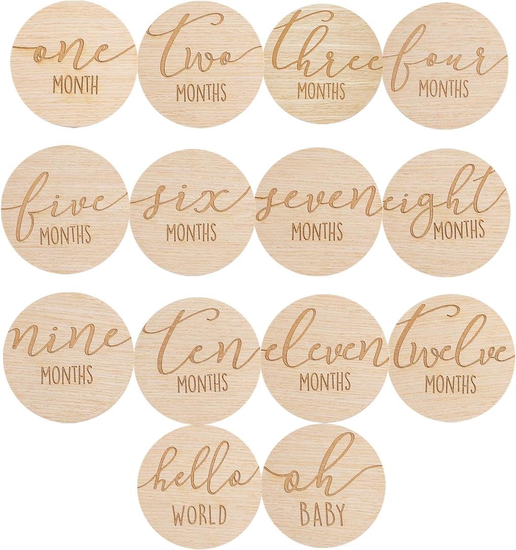 Pearhead Wooden Monthly Milestone Photo Cards - 7 Double-Sided Engraved Discs for Baby Announcement and Milestones, Gender-Neutral Photo Props for Newborn Boy and Girl, Light Wood