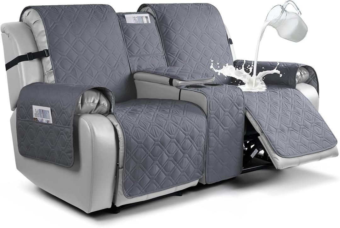 VANSOFY Loveseat Recliner Cover with Console 100% Waterproof Sofa Slipcovers Non-Slip Reclining Couch Cover Split Sofa Covers Furniture Protector for Pets, Dogs(Dark Gray) (2 Seater+Console)