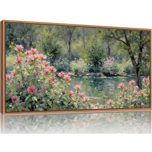 YeeHomedec Monet Botanical Framed Canvas Wall Art, Impressionist Floral Garden Wall Decor, Vintage Pond Tree Artwork, Nature Landscape Art Paintings for Living Room Bedroom Bathroom 20"x40"
