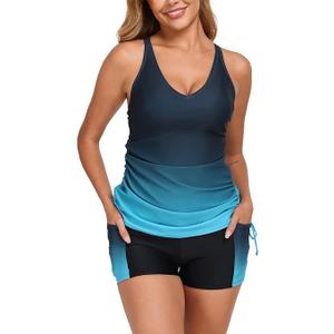 Halcurt Women's Two Piece Swimsuits Tankini Sets with Shorts and Pocket Tummy Control Drawstring Bathing Suit XL