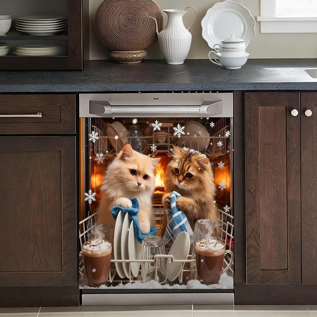 Dishwasher Magnet Cover Decoration, Cute Cats Dishwasher Refrigerator Protection Magnetic Sticker, Kitchen Art Decor 23x25.5 inches (Sister Cats)