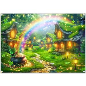 7x5ft Fabric St. Patrick's Day Backdrop Glitter Lucky Irish Shamrock Gold Coins Rainbow Forest House Photography Background Festival Party Decor Photo Props