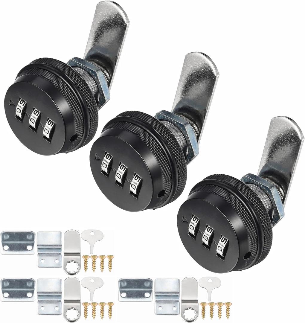 3 Pack Combination Cabinet Cam Lock Password Coded Lock with 3/4" Cylinder and Chrome Finish, Security Cam Locks for Cabinet Filing Drawer Mailbox (Black) (3/4 Inch, Black, 3 Pack)