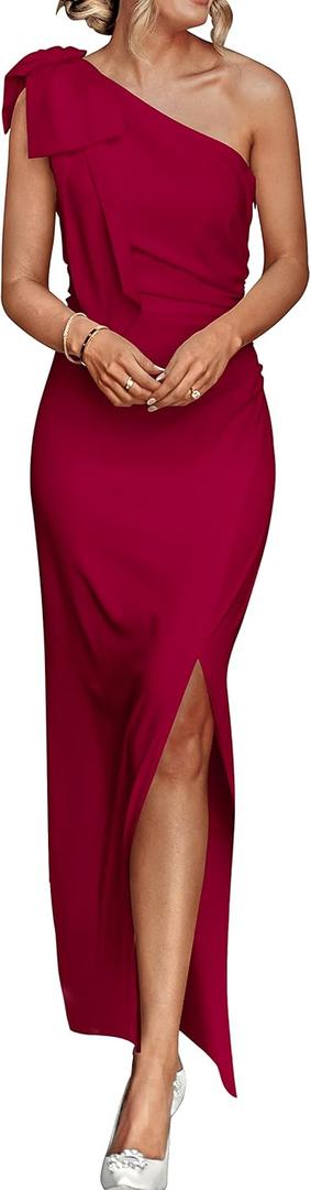 PRETTYGARDEN Women's Summer One Shoulder Long Formal Dresses Sleeveless Ruched Bodycon Wedding Guest Slit Maxi Dress (Wine Red)