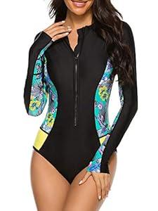 American Trends Womens Athletic One Piece Swimsuits Long Sleeve Swimsuit Sports Surfing Swimwear Bathing Suits Black Green Print, Small
