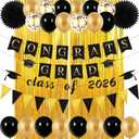 Graduation Decorations 2026, Black Gold Party Decor with Congrats Grad, Class of 2026 Banner Balloons Foil Curtains Backdrop Paper Fans for University College Senior High School Prom Graduate